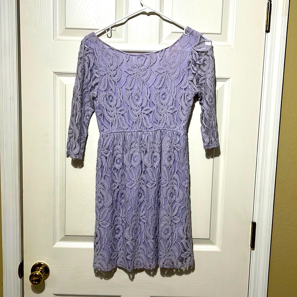 Short, lace lilac dress. Brand “Color me Red”. 3/4 sleeve Size small.